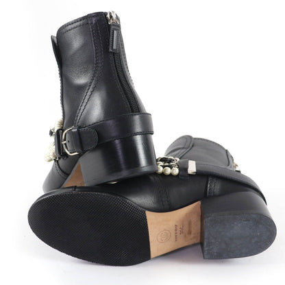 Chanel CC Logo Faux Pearl Chain Leather Short Boots Black 36 — view 7