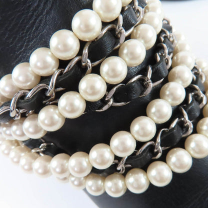 Chanel CC Logo Faux Pearl Chain Leather Short Boots Black 36 — view 10