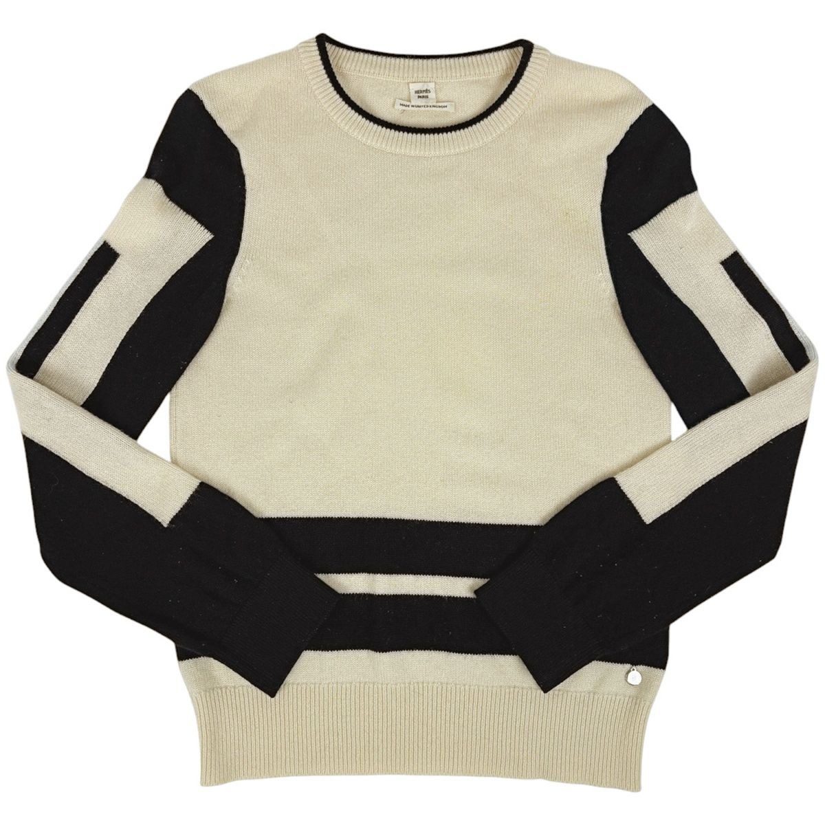 Hermes Logo Round Neck Sweater Top Cashmere White Black