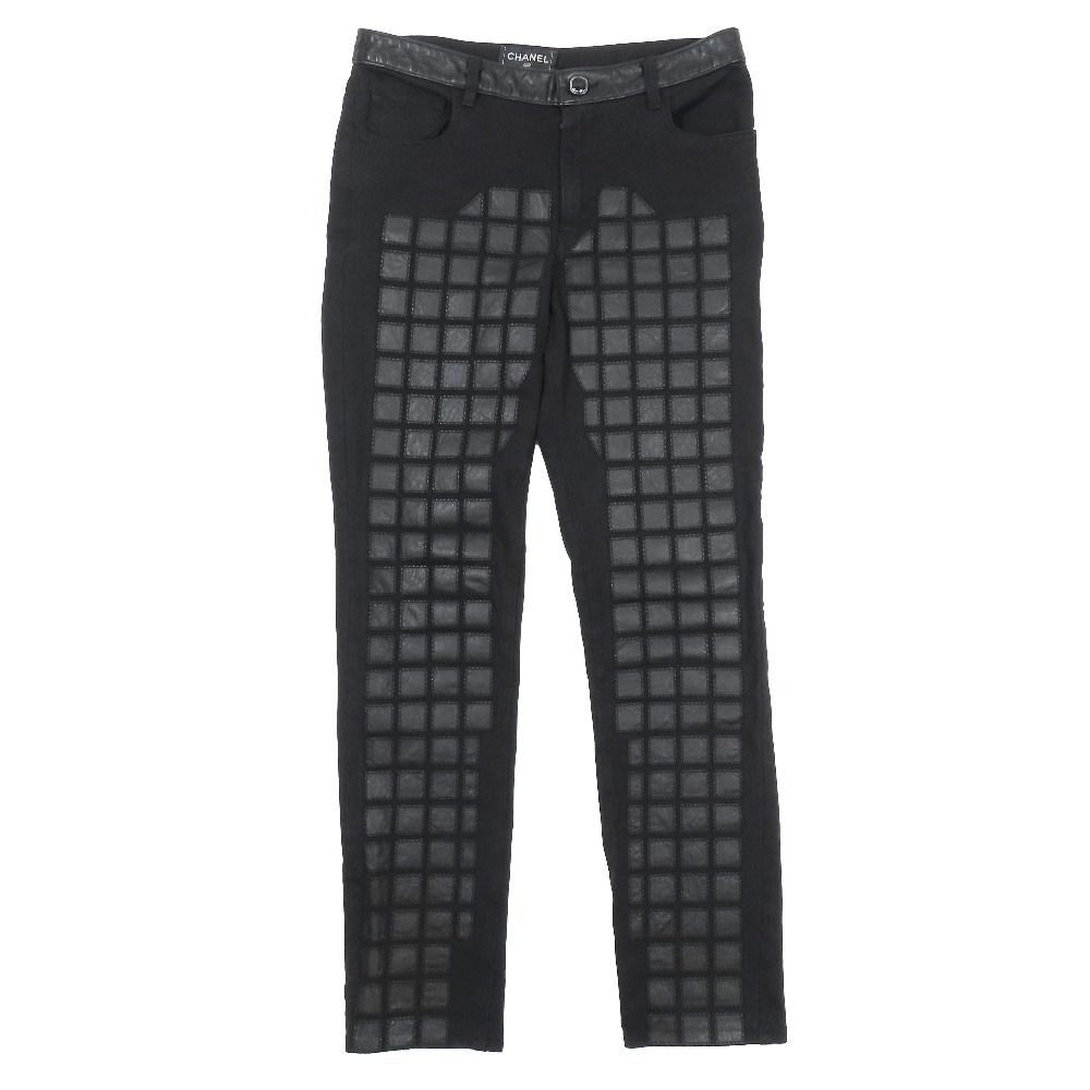 Chanel CC Logo Calfskin Leather Switch Patchwork Skinny Pants Stretch