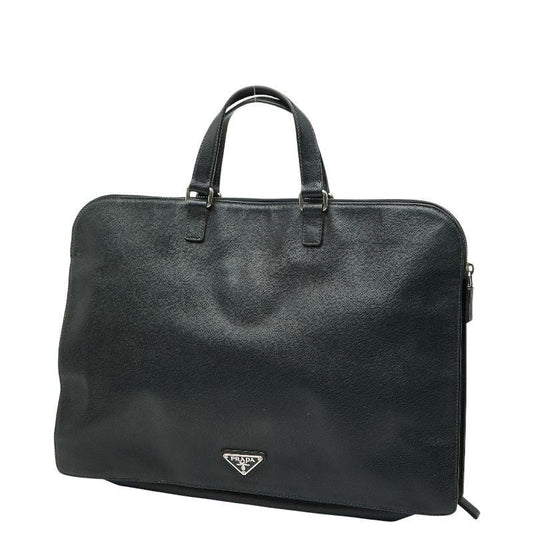 Prada Triangle Logo Plate Handbag Business Bag Black Saffiano Leather
