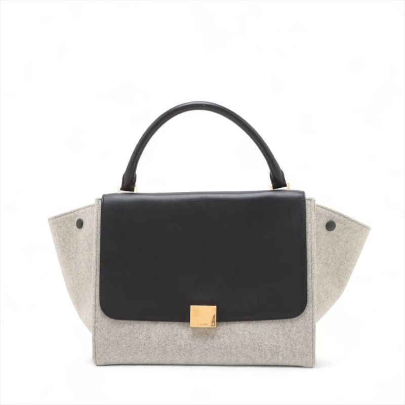 Celine Trapeze Medium Leather Handbag Tote Gold Hardware Black Gray Felt