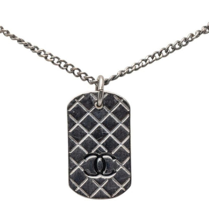 Chanel Quilted Dog Tag CC Logo Necklace Silver Metal