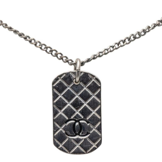 Chanel Quilted Dog Tag CC Logo Necklace Silver Metal