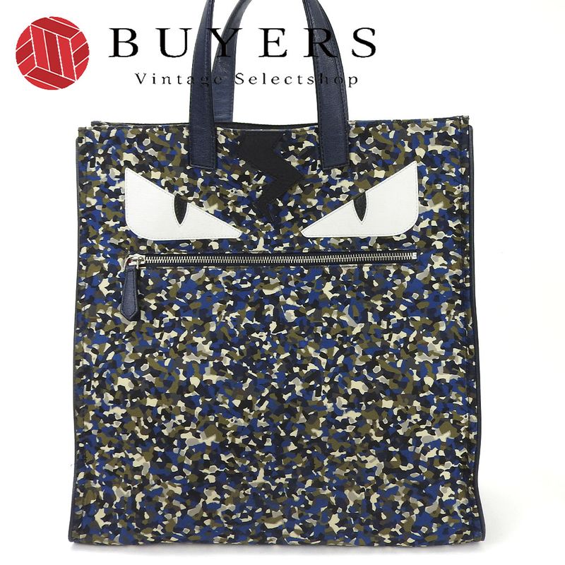 Fendi Tote Bag Bugs 7va367 Nylon Leather Navy Silver Hardware Monster Chamois