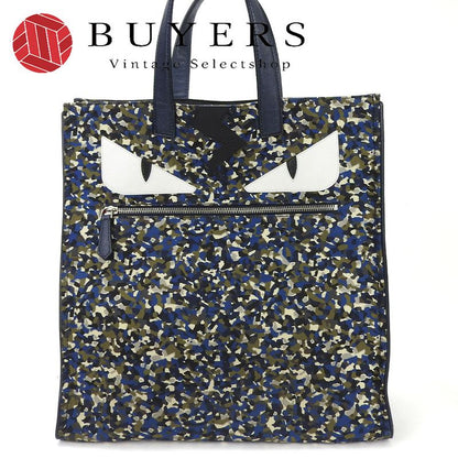 Fendi Tote Bag Bugs 7va367 Nylon Leather Navy Silver Hardware Monster Chamois
