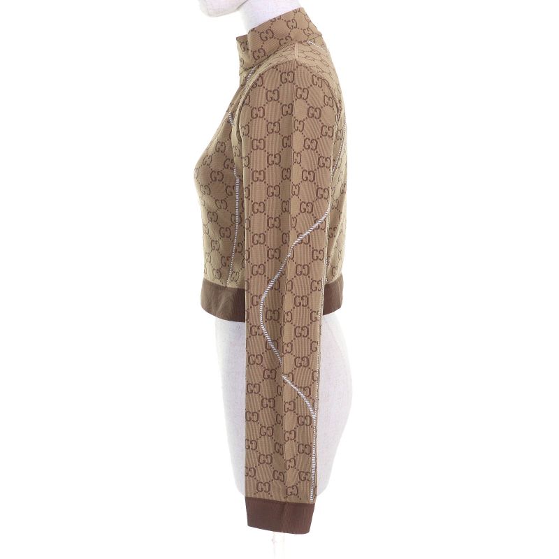 Gucci 23SS 715524 GG Pattern Half Zip Cropped Jersey Long Sleeve Top Brown M