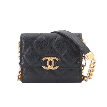 Chanel Quilted Bracelet on Chain Shoulder Card Case Caviar Leather Black