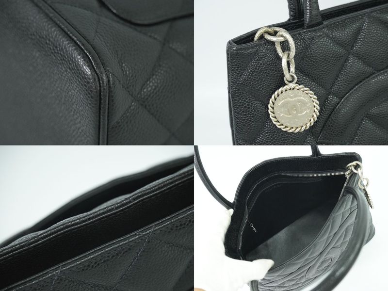 Authentic Chanel Coco Mark Revival Tote Handbag Caviar Skin Leather Black Coco
