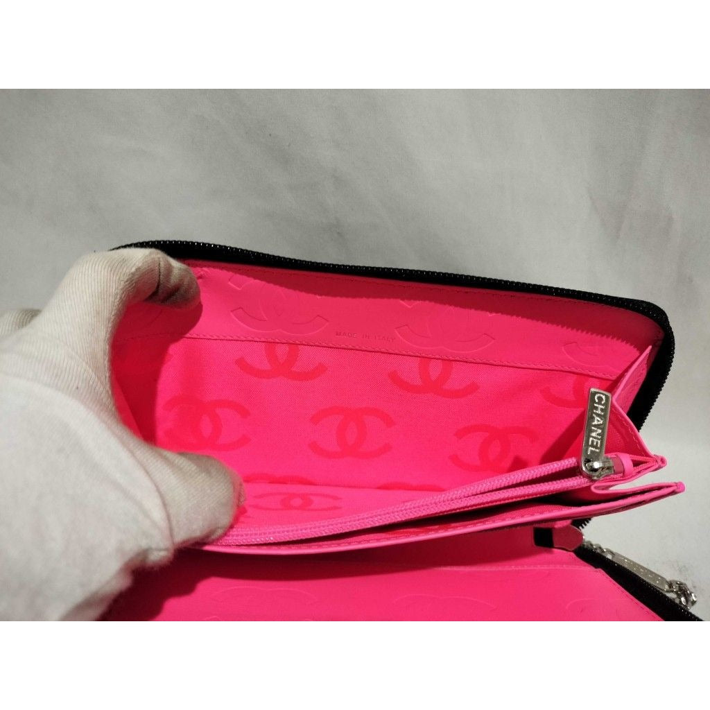 Chanel Wallet Cambon Line Black Pink Leather CC Logo Round — view 6