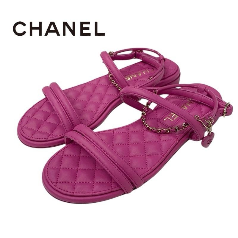 Chanel Sandals Shoes Leather Pink Gold Quilted Coco Mark Heart Chain Strap