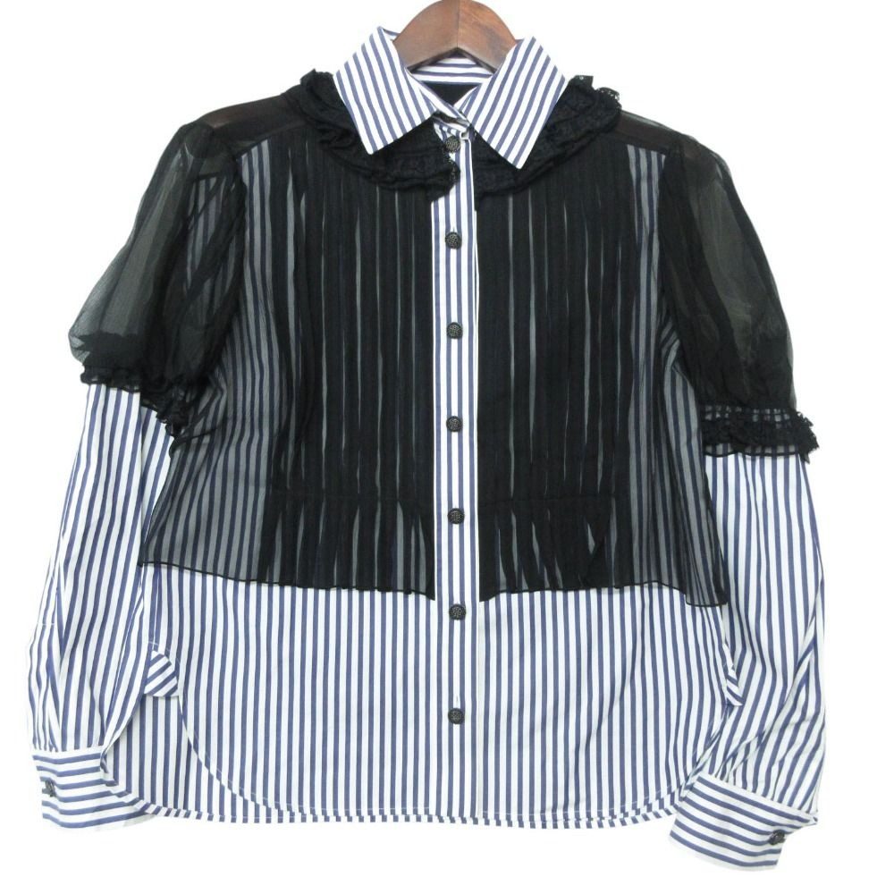 Chanel Blouse Striped Lace Chiffon Long Sleeve Top Camellia Button Cotton Silk