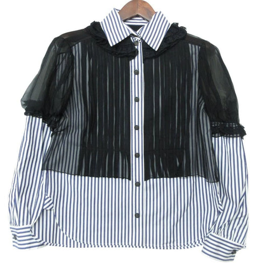 Chanel Blouse Striped Lace Chiffon Long Sleeve Top Camellia Button Cotton Silk