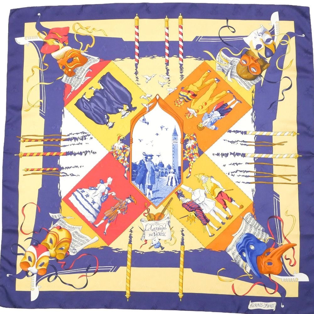 Hermes Carre 90 le Carnaval de Venise Carnival Scarf Silk Twill Navybased Multicolor