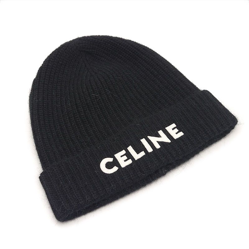 Celine Knit Cap Beanie Wool Angora Black Logo