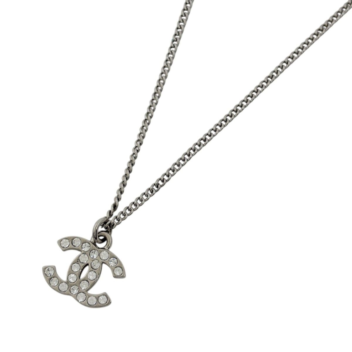 Chanel CC Logo Rhinestone Necklace Silver Plated