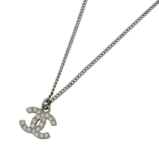 Chanel CC Logo Rhinestone Necklace Silver Plated
