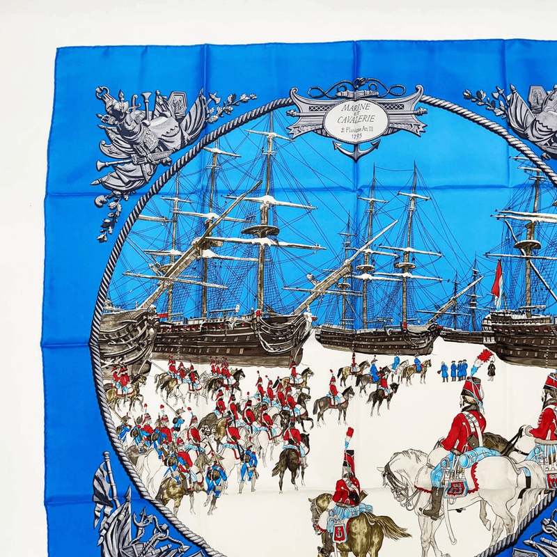 Grade Hermes Carre 90 Marine ET Cavalerie Sea And Cavalry Blue 100% Silk Scarf