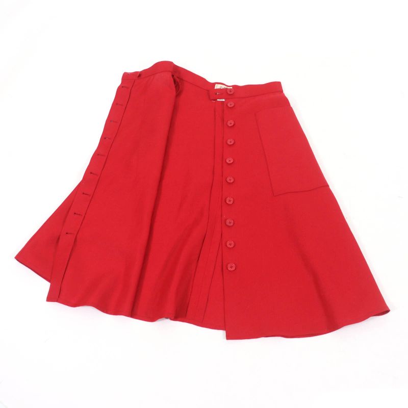 Hermes 100% Linen Front Button Flared Skirt With Caleche Embroidery Red 38 Made