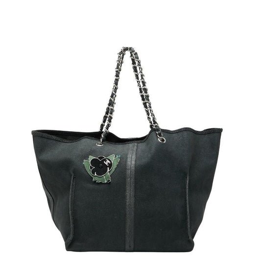 Chanel Camellia Chain Tote Bag Black Green Caviar Leather
