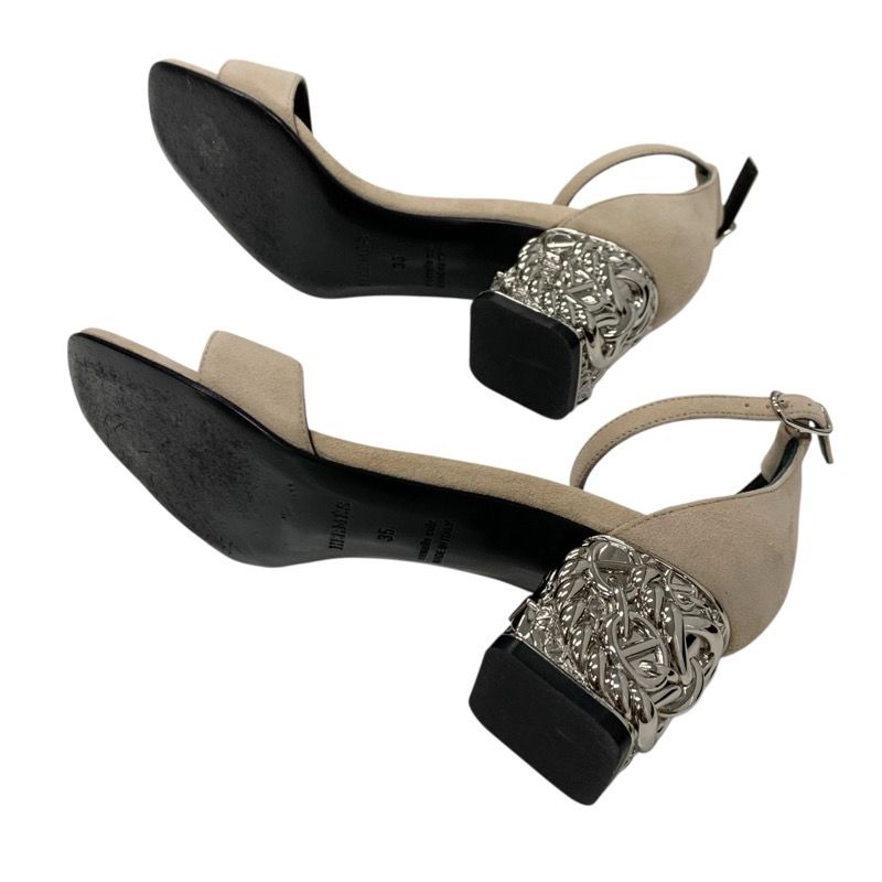 Hermes Gram 60 Sandals Shoes Suede Beige Silver Chaine D'ancre Metal Heel Strap