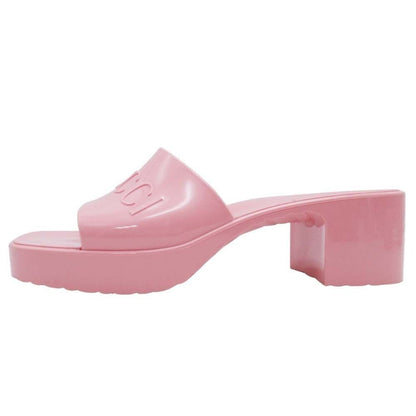 Gucci Embossed Logo Rubber Slide Sandals Chunky Heels Mules Shoes 37 Pink