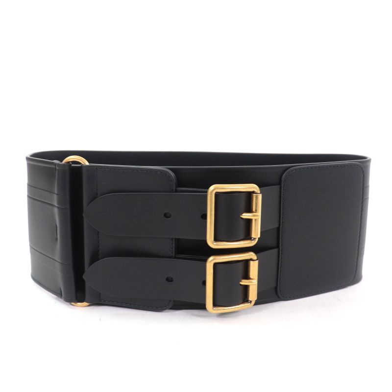Christian DIOR D-waist Maxi Double Gold Buckle Leather Belt Black Gold Hardware