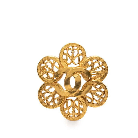 Chanel Vintage CC Logo Flower Motif Gold Plated Brooch