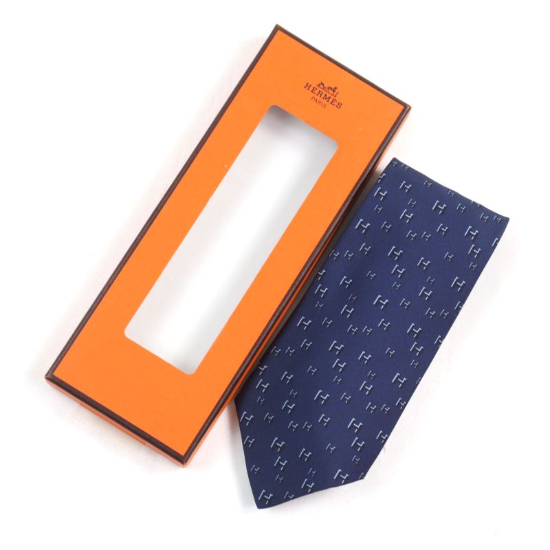 Hermes 5183 IA Cravate 100% Silk H Motif All Over Tie Navy With Box Made In