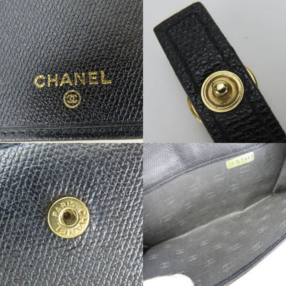 Chanel Long Wallet Coco Button Leather Black Fold Double Hook Coco Mark Ladies