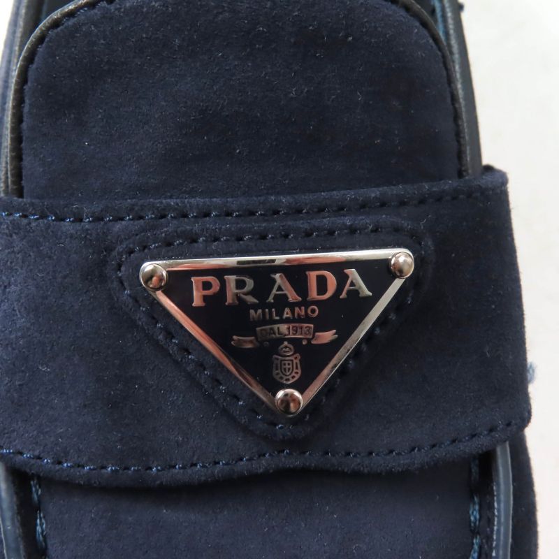 Prada 1d222n Triangle Logo Suede Leather Loafers Navy 35.5 With Box And Storage