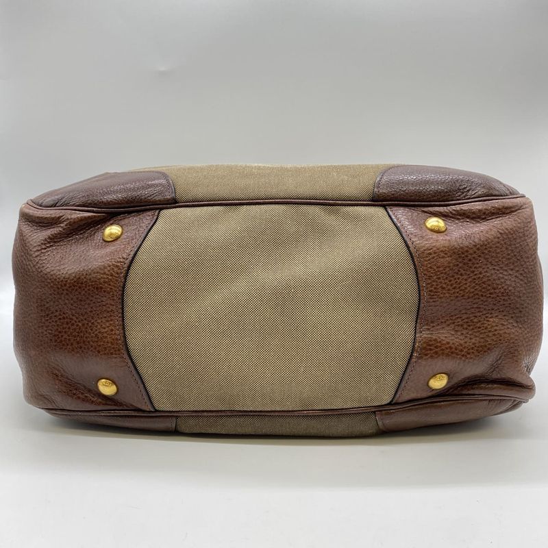 Prada Logo Jacquard Tote Handbag Leather Brown Beige Women Men Vintage Fashion