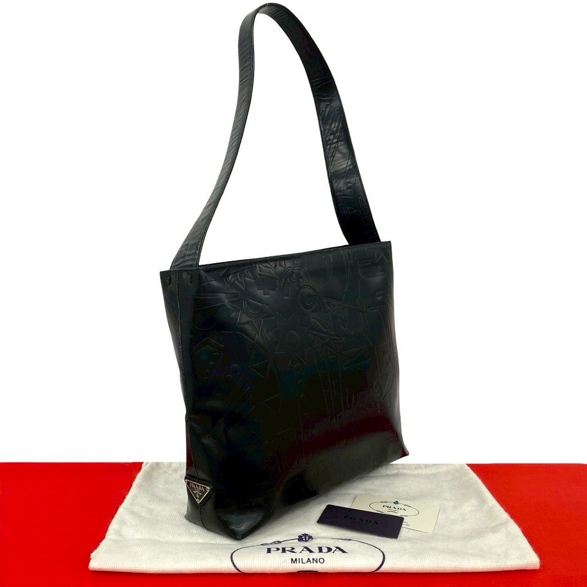 Prada Triangle Logo Embossed Leather Shoulder Bag Mini Tote Black