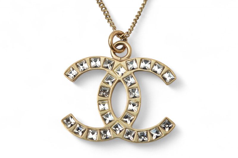 Chanel Necklace Pendant Chanel Coco Mark CC Rhinestone Vintage Gold B12