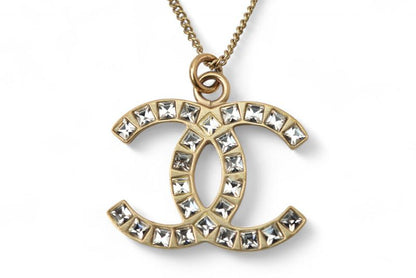 Chanel Necklace Pendant Chanel Coco Mark CC Rhinestone Vintage Gold B12