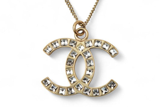 Chanel Necklace Pendant Chanel Coco Mark CC Rhinestone Vintage Gold B12