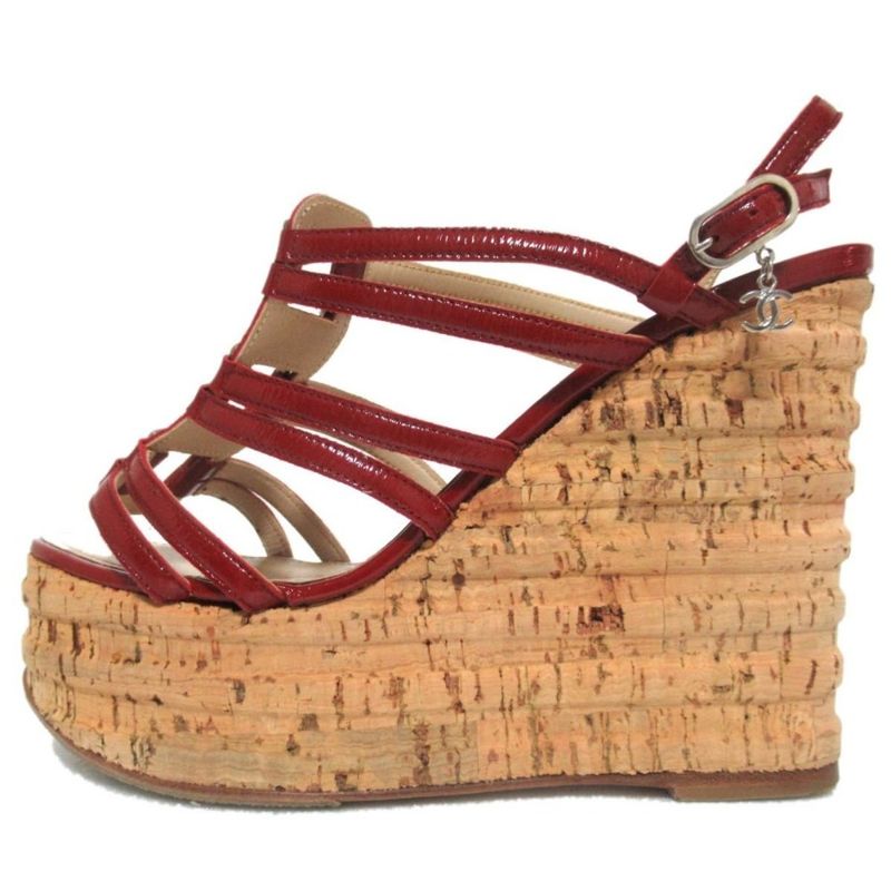 Chanel Patent Leather Cork Sole Wedge Sole Suring Back Sandals 35C 22cm