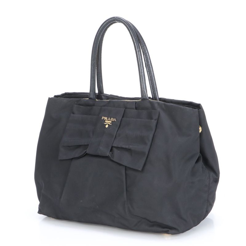 Prada Tessuto Nylon Ribbon Design Leather Tote Bag Shoulder Hand Black Women