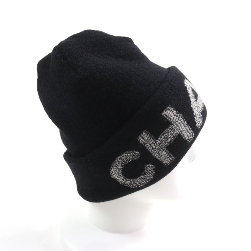 CHANEL Wool Cashmere Blend Logo Design Knit Hat Knit Cap Hat Black Made In