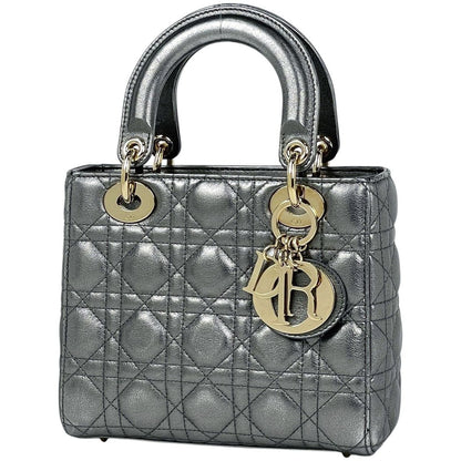 Dior Lady Cannage 2-Way Shoulder Bag Small Leather Silver