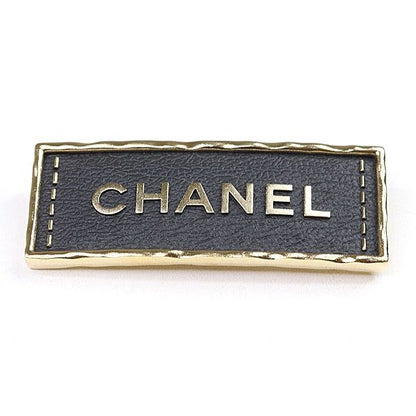Chanel Logo Brooch Metal Leather Gold Black Tag A23 S Rank