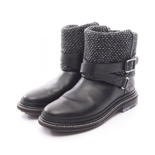 Chanel Boots CC Logo Black Blue Fabric Leather Tweed Engineer