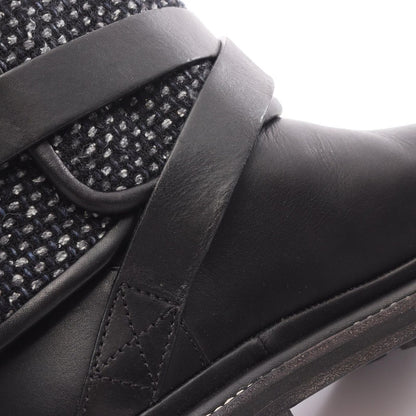 Chanel Boots CC Logo Black Blue Fabric Leather Tweed Engineer — view 10