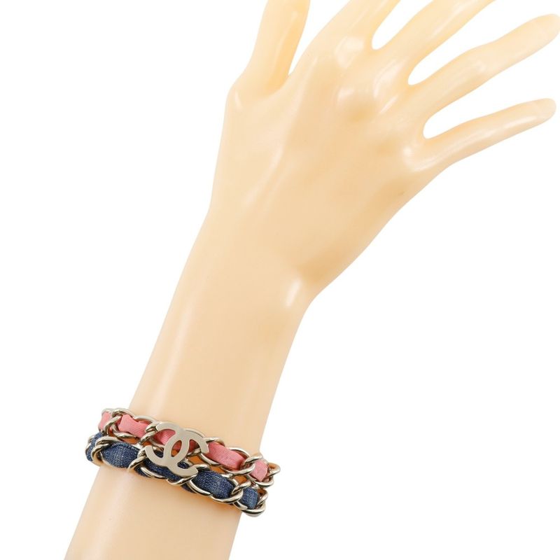 Chanel Coco Mark Chain 2 Rings Metal And Denim Silver Ladies 53g Bracelet