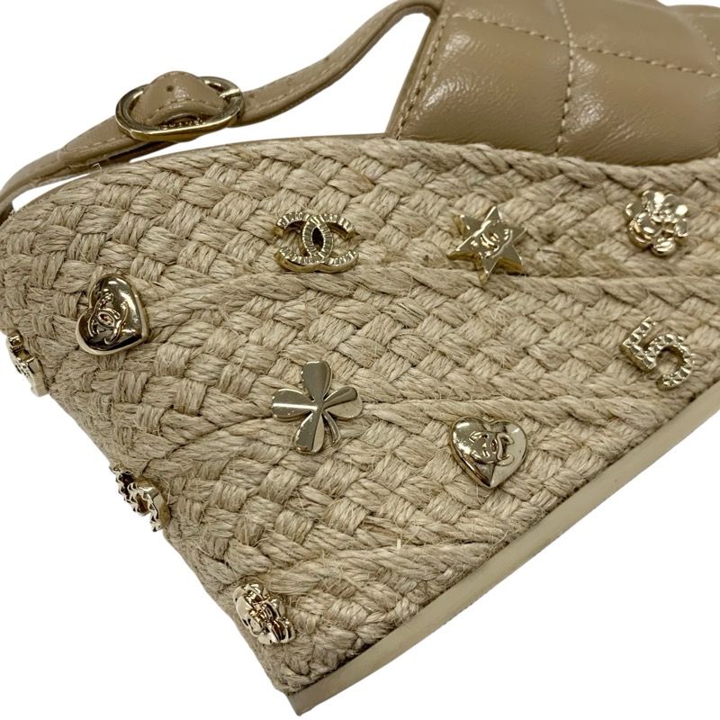 Chanel Sandals Shoes Leather Beige Gold Strap Chocolate Bar Coco Mark Icon