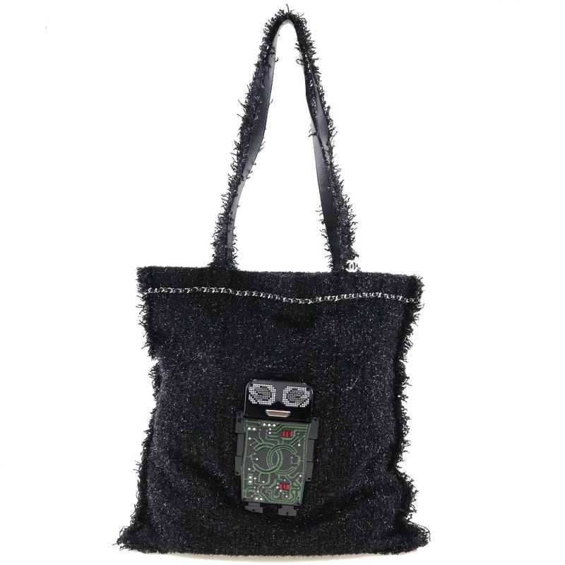 Chanel Coco Mark Robot A94646 Tweed Black/silver Hardware Unisex Tote Bag
