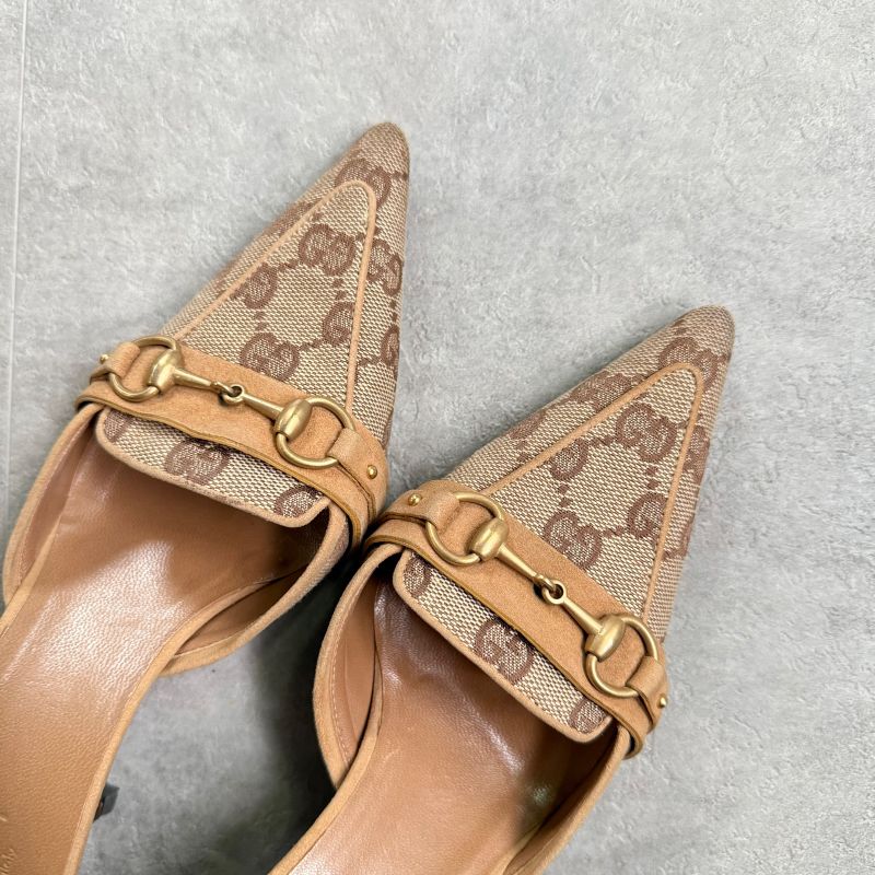 Gucci Horsebit Pumps GG Canvas Beige Gold Hardware 34 1 2 C Women's Shoes