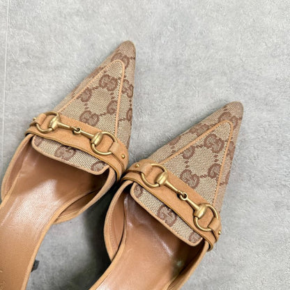 Gucci Horsebit Pumps GG Canvas Beige Gold Hardware 34 1 2 C Women's Shoes