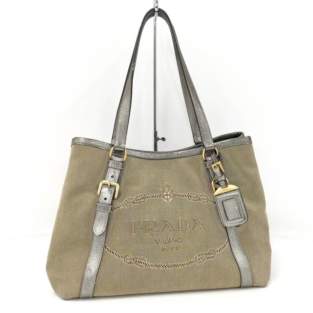 Prada Tote Canvas Leather Brown Silver