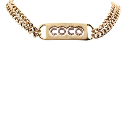 Chanel CC Logo Coco Line Stone Necklace Double Chain Gold Pink Plated